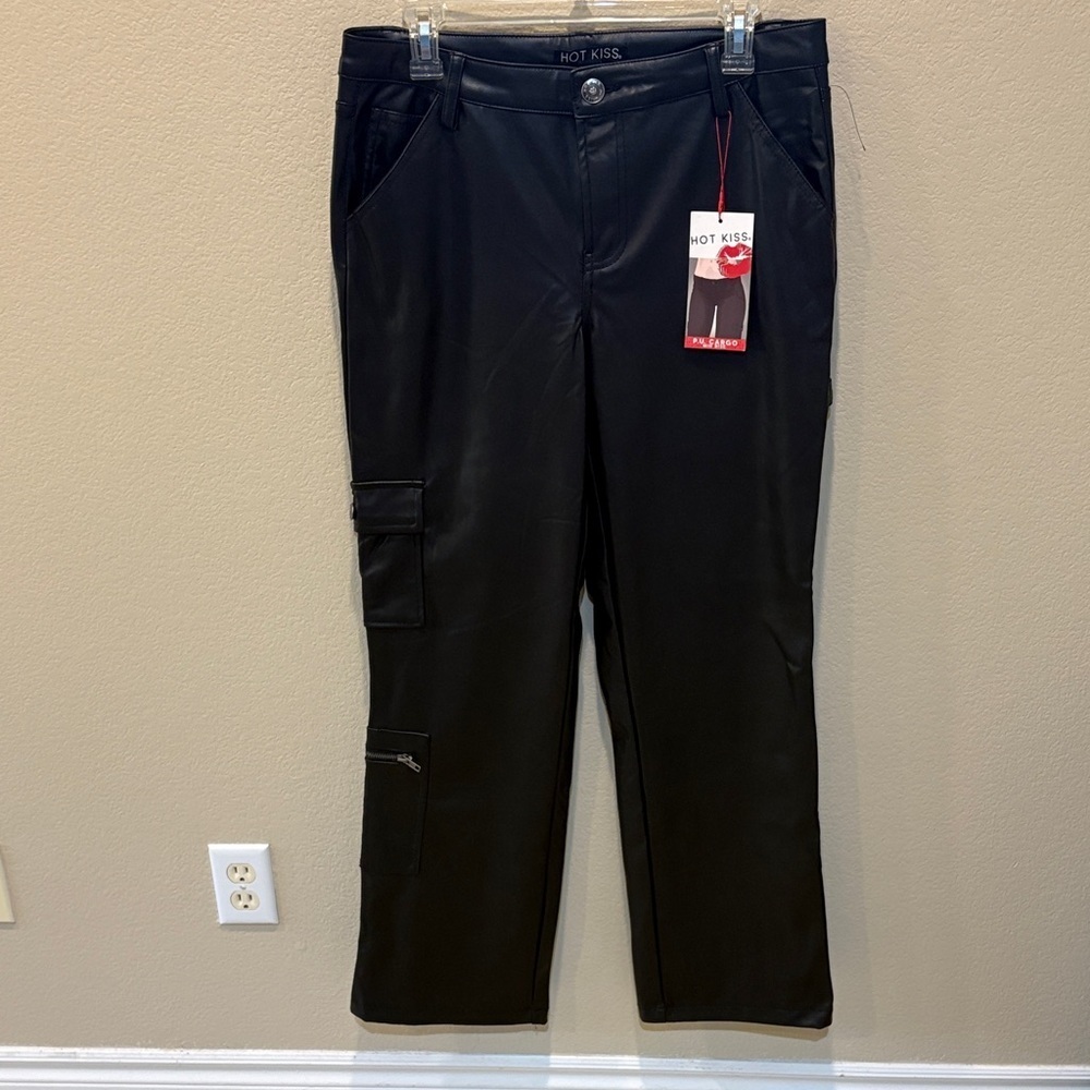 Hot Kiss Sleek Black Faux Leather Mid-Rise Cargo Pants-Size 13